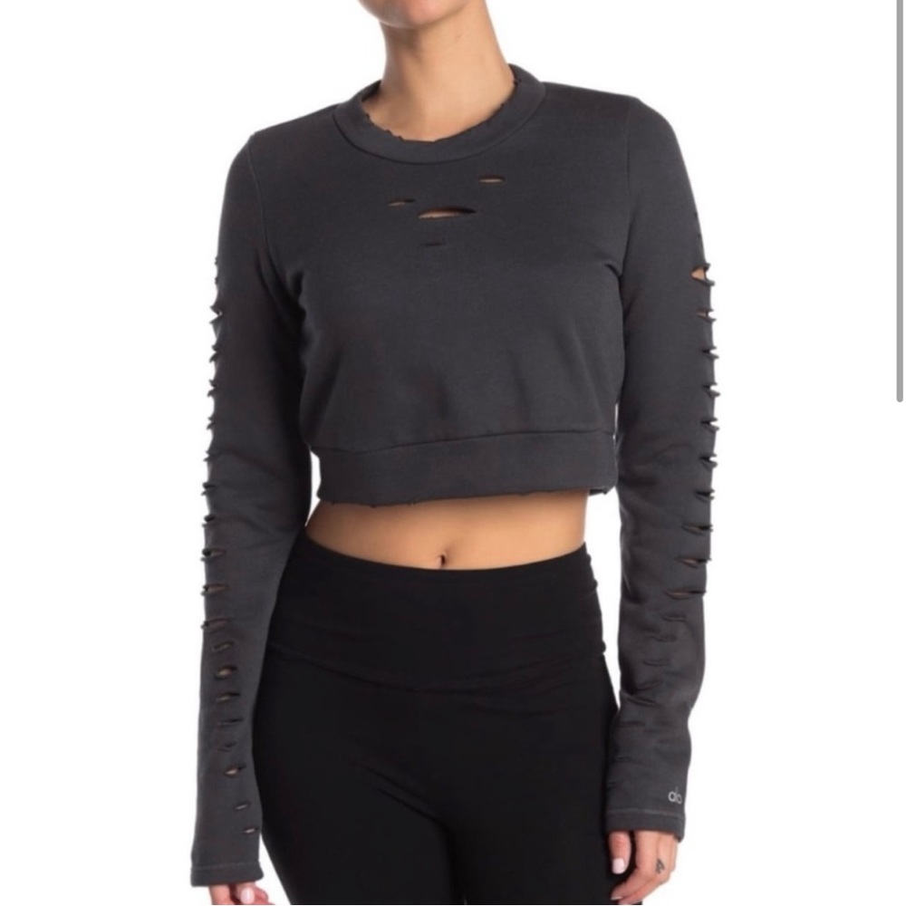 Alo Ripped Warrior Cropped Distressed Sweatshirt Charcoal Gray Sz L